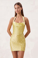 Yellow Halter Sheath Corset Satin Homecoming Dress With Pearl | KISSPROM