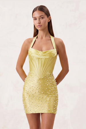 Yellow Halter Sheath Corset Satin Homecoming Dress With Pearl | KISSPROM
