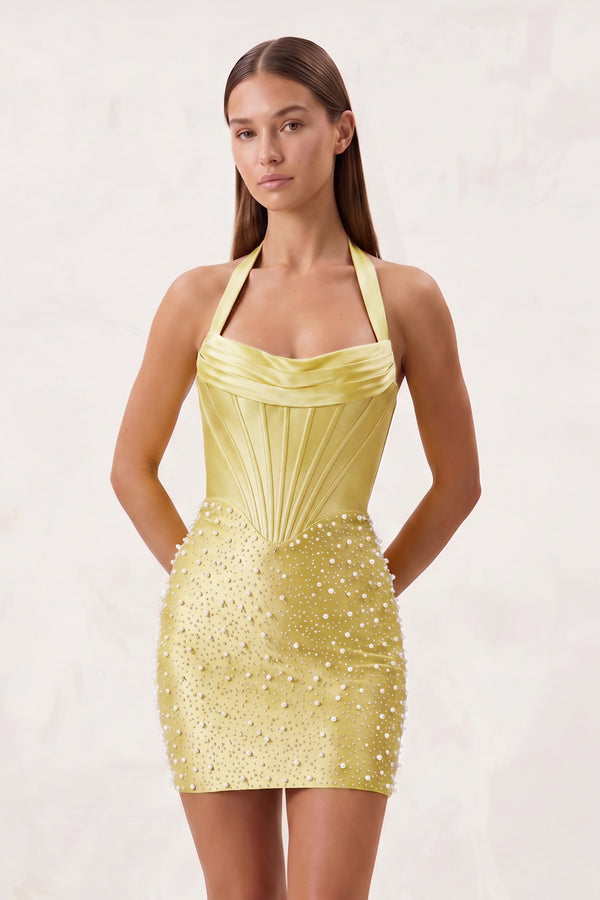 Yellow Halter Sheath Corset Satin Homecoming Dress With Pearl | KISSPROM