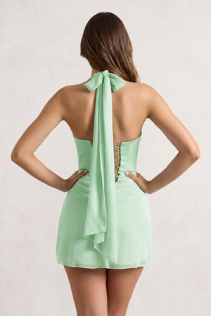 Mint Green Halter Sheath Satin Chiffon Homecoming Dress (4) | KISSPROM