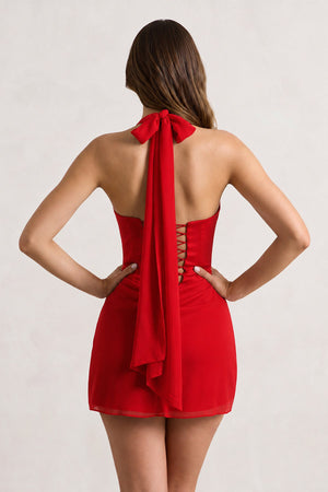 Red Halter Sheath Satin Chiffon Homecoming Dress (4) | KISSPROM