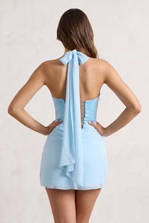 Sky Blue Halter Sheath Satin Chiffon Homecoming Dress - KissProm