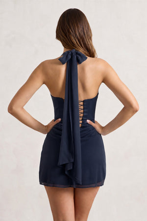 Navy Blue Halter Sheath Satin Chiffon Homecoming Dress | KISSPROM