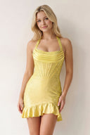 Yellow Halter Sheath Satin Corset Mini Party Dress With Beading | KISSPROM