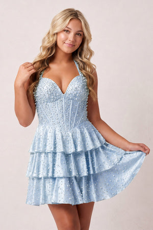 Sky Blue Halter Tiered Satin A-Line Corset Homecoming Dress With Pearl | KISSPROM