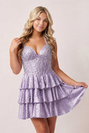 Lavender Halter Tiered Satin A-Line Corset Homecoming Dress With Pearl | KISSPROM