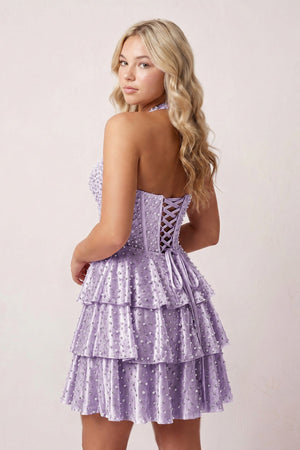 Lavender Halter Tiered Satin A-Line Corset Homecoming Dress With Pearl (2) | KISSPROM