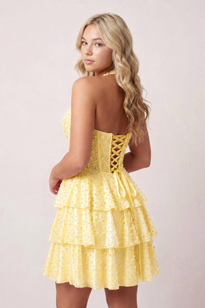 Yellow Halter Tiered Satin A-Line Corset Homecoming Dress With Pearl | KISSPROM