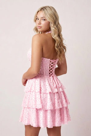 Pink Halter Tiered Satin A-Line Corset Homecoming Dress With Pearl - KISSPROM