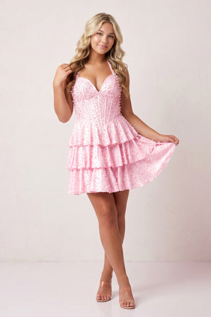 Pink Halter Tiered Satin A-Line Corset Homecoming Dress With Pearl - KISSPROM