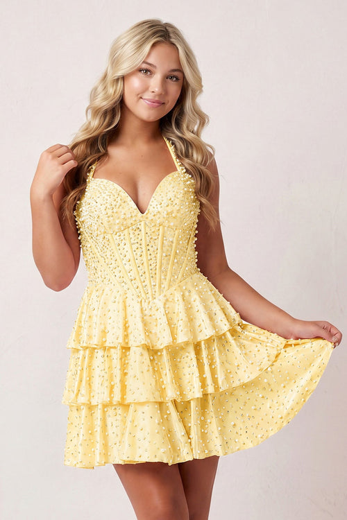 Yellow Halter Tiered Satin A-Line Corset Homecoming Dress With Pearl | KISSPROM