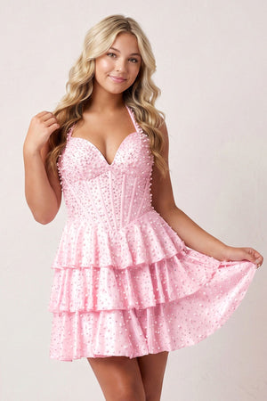 Pink Halter Tiered Satin A-Line Corset Homecoming Dress With Pearl - KISSPROM