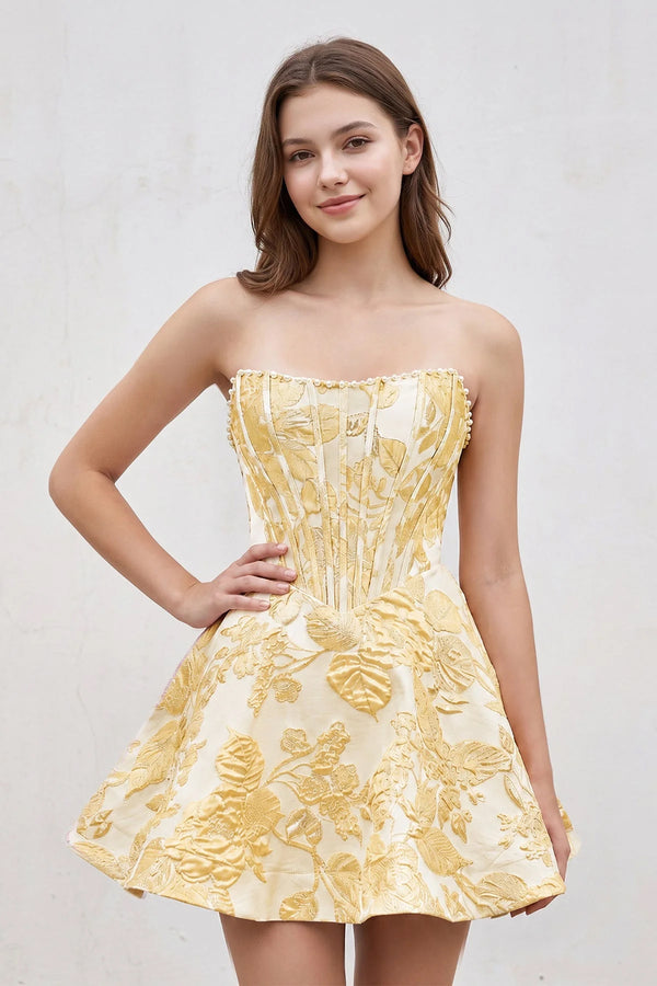 Yellow Jacquard A-Line Strapless Corset Homecoming Dress With Pearl (3) | KISSPROM