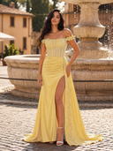 Off the Shoulder Satin Beaded Prom Dress With Appliques