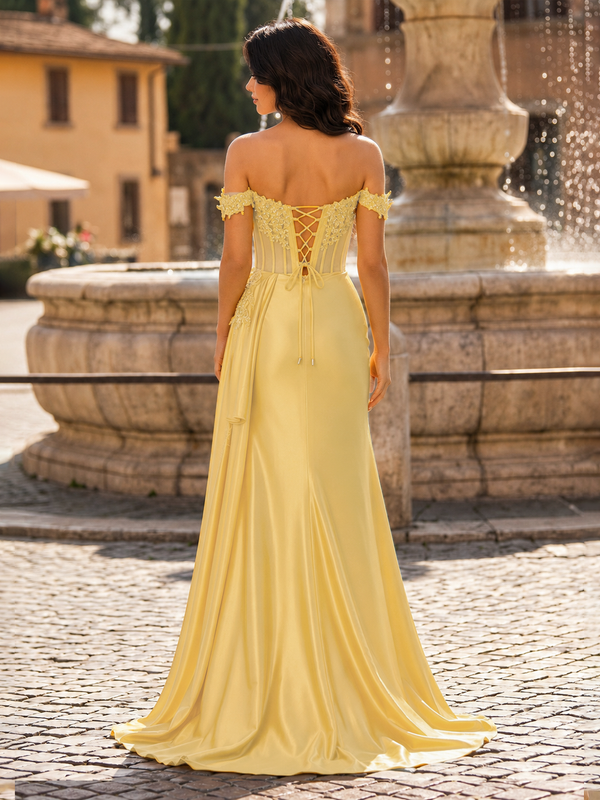 Off the Shoulder Satin Beaded Prom Dress With Appliques