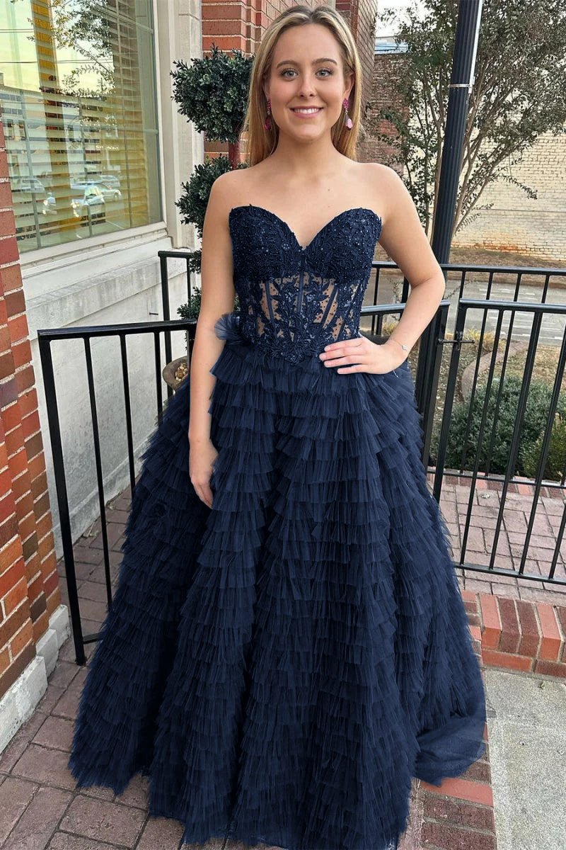 A-Line Strapless Multi-layers Tulle Prom Dress with Slit, Yellow / 4