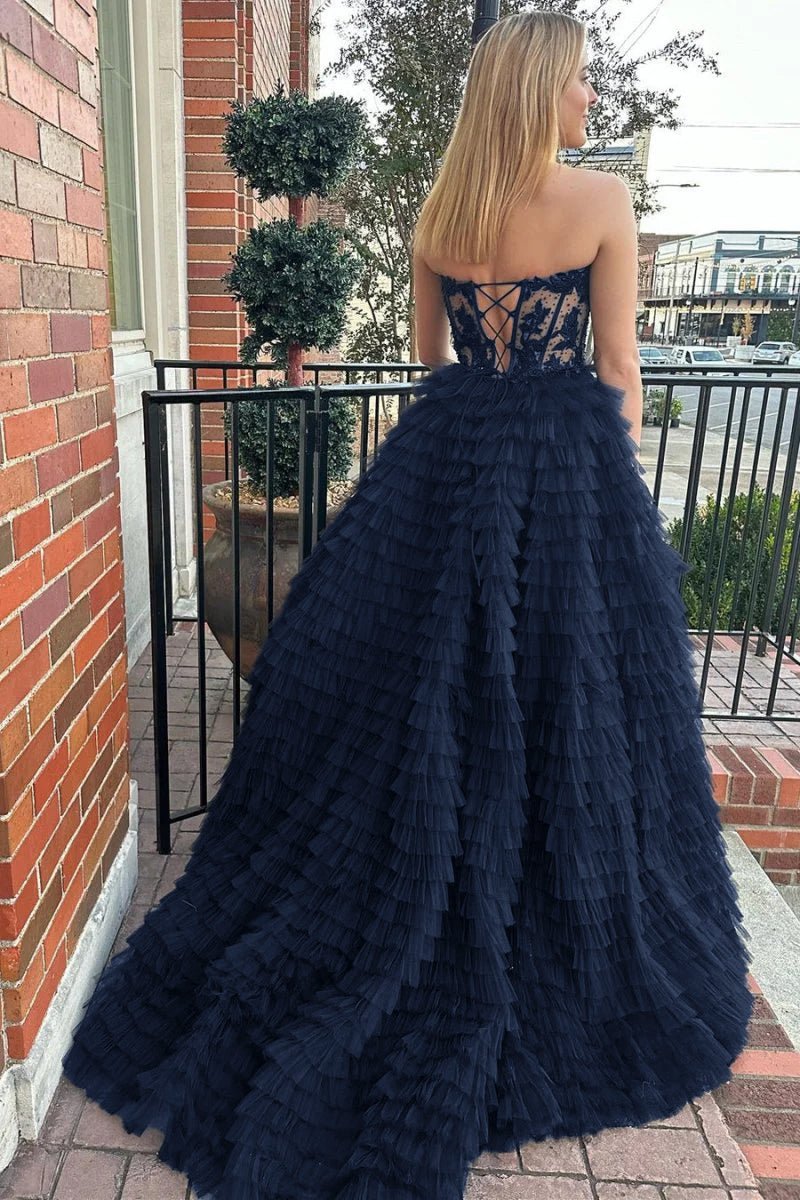 Addilyn |A-line Strapless Multi-Layers Tulle Prom Dress with Slit