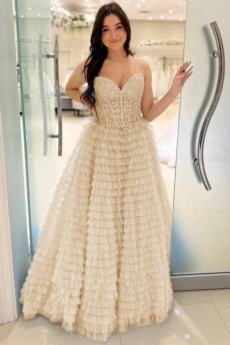 Addilyn |A-line Strapless Multi-Layers Tulle Prom Dress with Slit