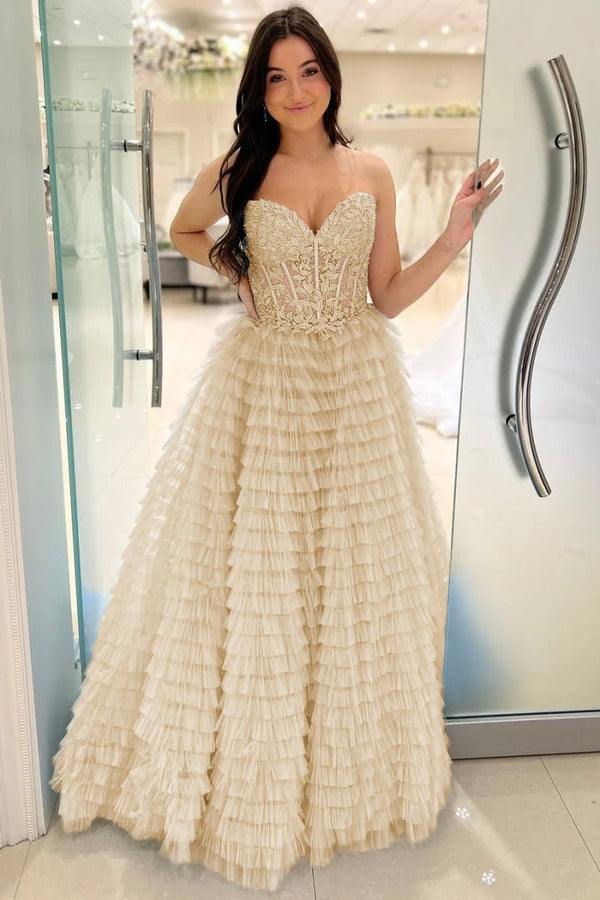 Addilyn |A-line Strapless Multi-Layers Tulle Prom Dress with Slit