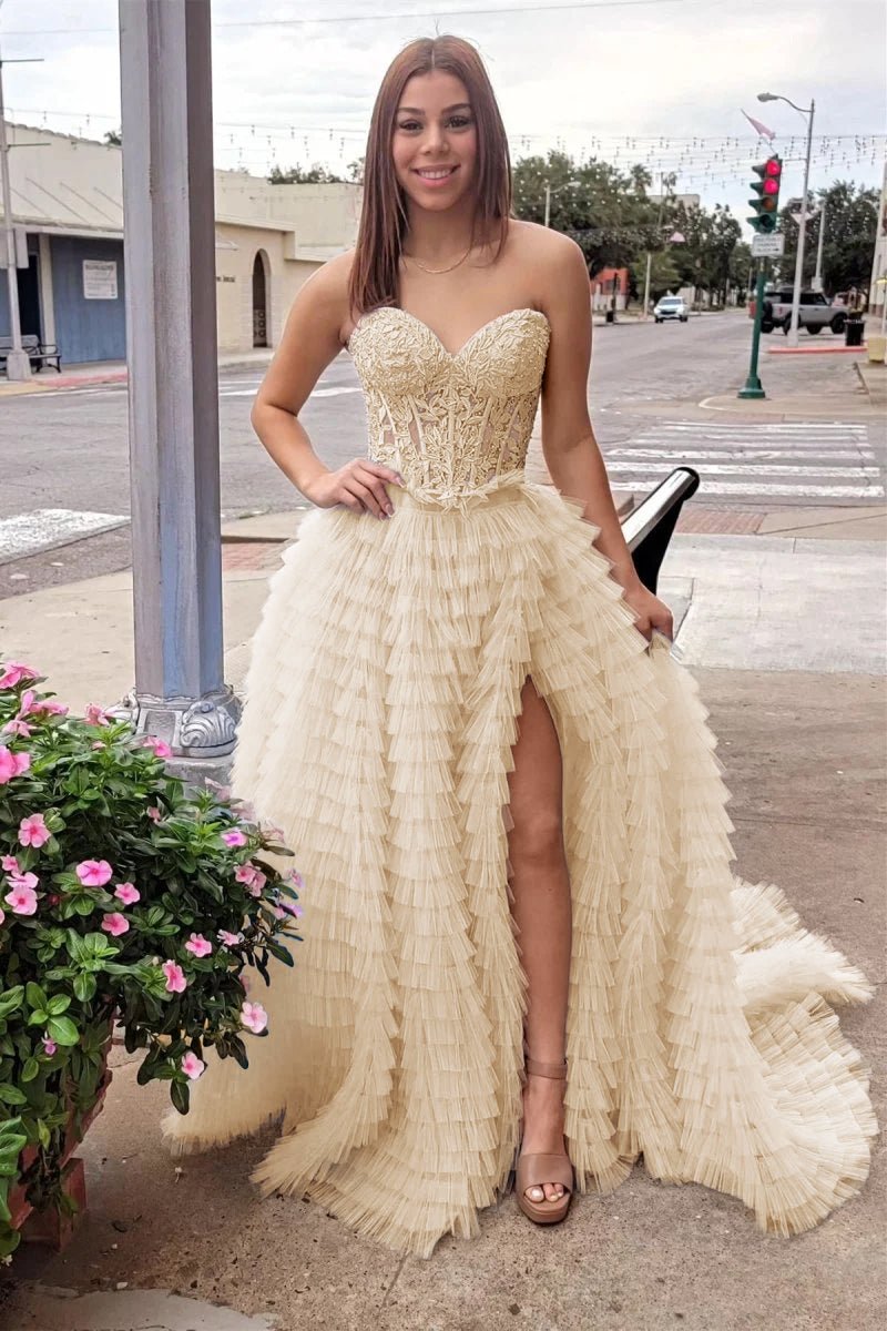 A-Line Strapless Multi-layers Tulle Prom Dress with Slit, Yellow / 4 A-Line Strapless Multi-layers Tulle Prom Dress with Slit, Yellow / 4