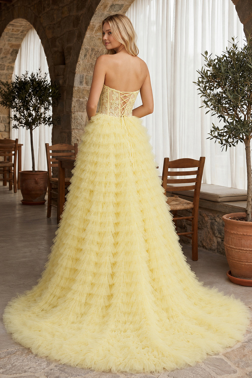 A-line Strapless Multi-Layers Tulle Prom Dress with Slit - KissProm
