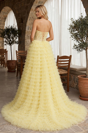 A-line Strapless Multi-Layers Tulle Prom Dress with Slit - KissProm