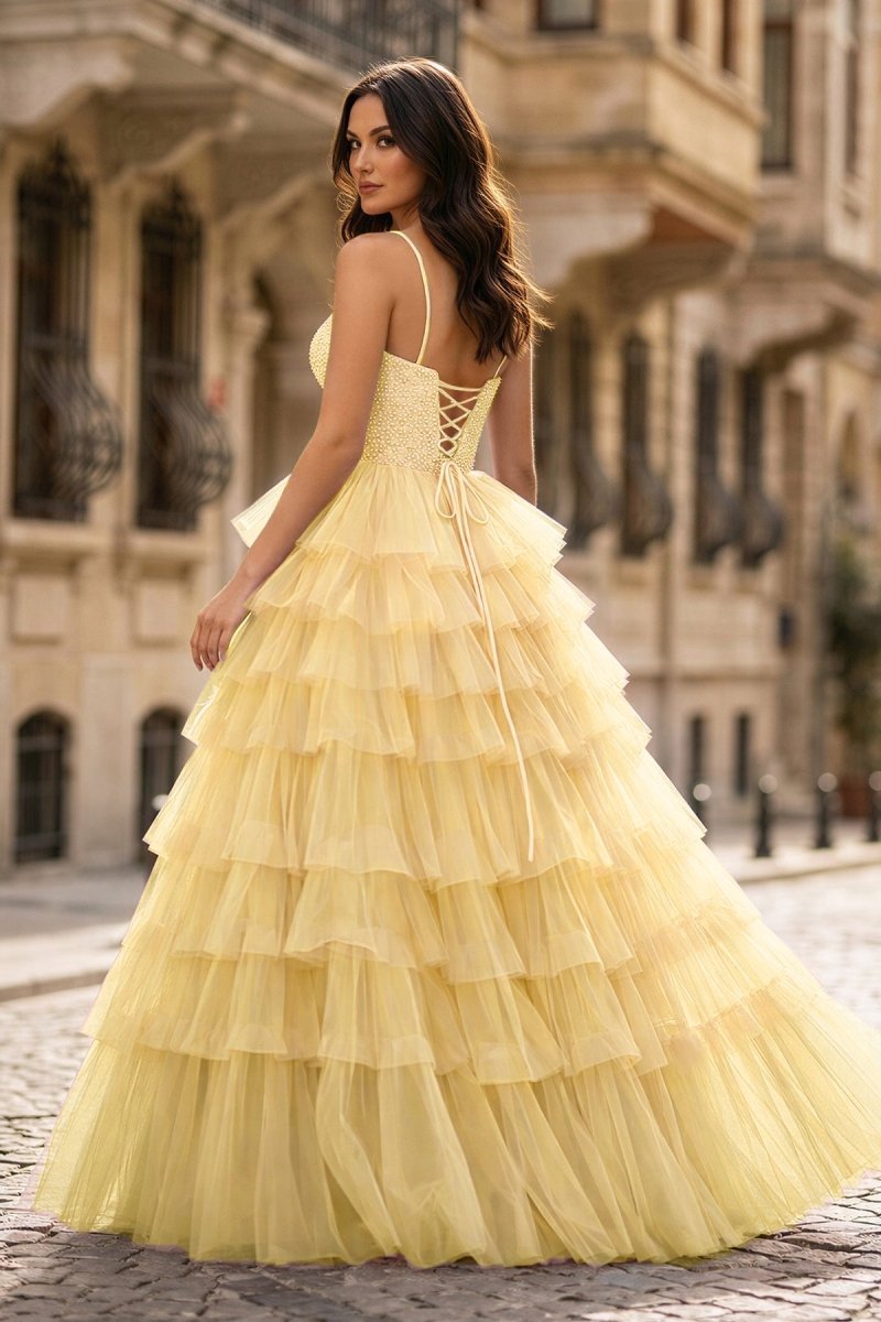 KissProm Spaghetti Straps Sweetheart Layered Tulle Formal Prom Dress with Slit, Yellow / 2