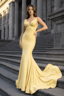 Yellow Mermaid Deep V-Neck Beaded Satin Long Party Dress | KISSPROM