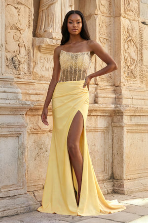 KissProm-Yellow Mermaid Strapless Satin Beaded Long Prom Dresses With Slit