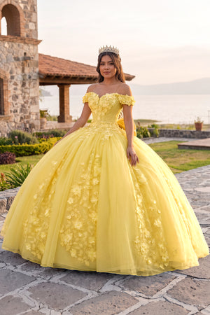 Yellow Off Shoulder 3D Floral Applique Quinceanera Dresses | KISSPROM