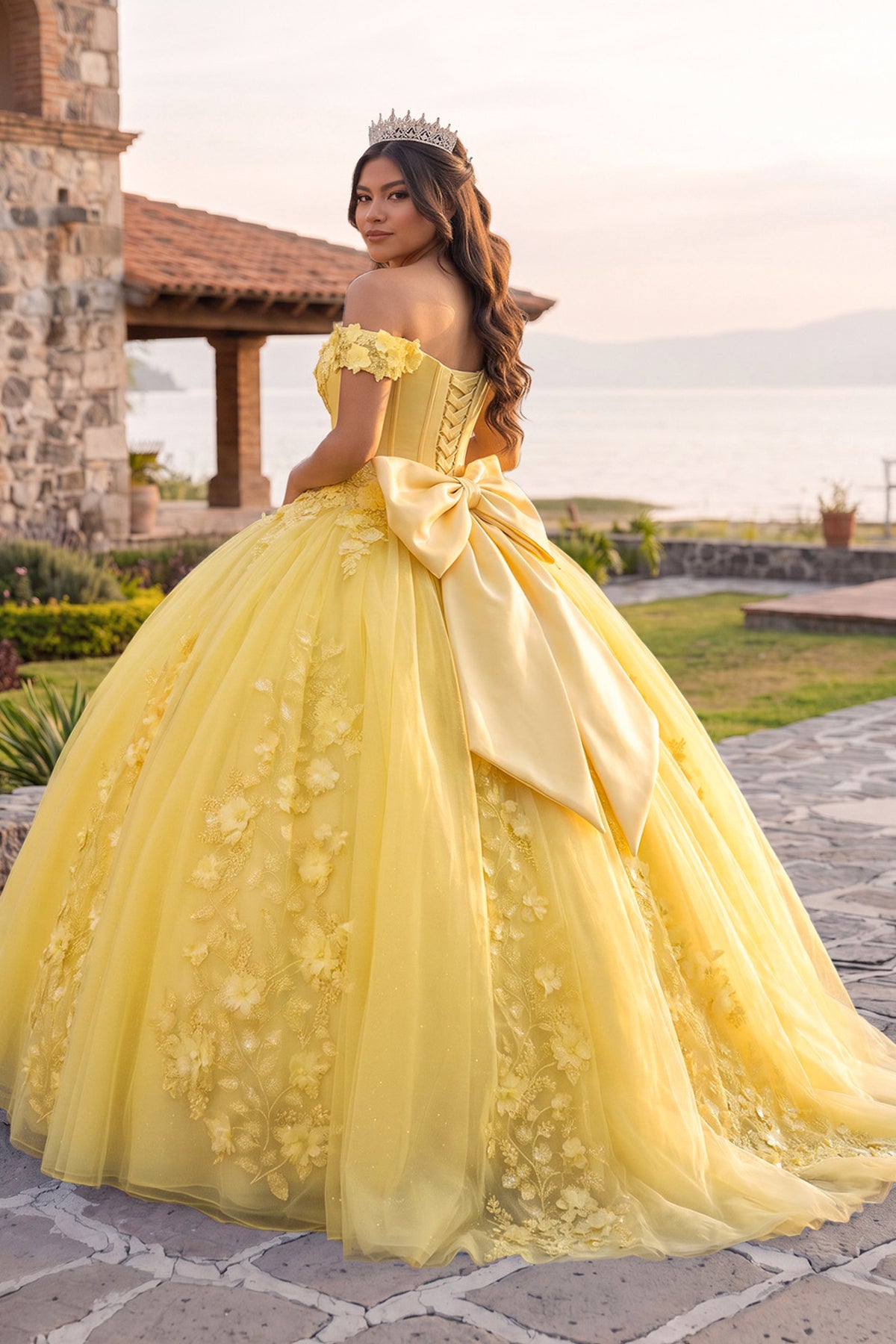 KissProm Off Shoulder 3D Floral Applique Quinceanera Dresses, Yellow / 10
