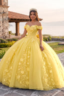 Yellow Off Shoulder 3D Floral Applique Quinceanera Dresses - KISSPROM
