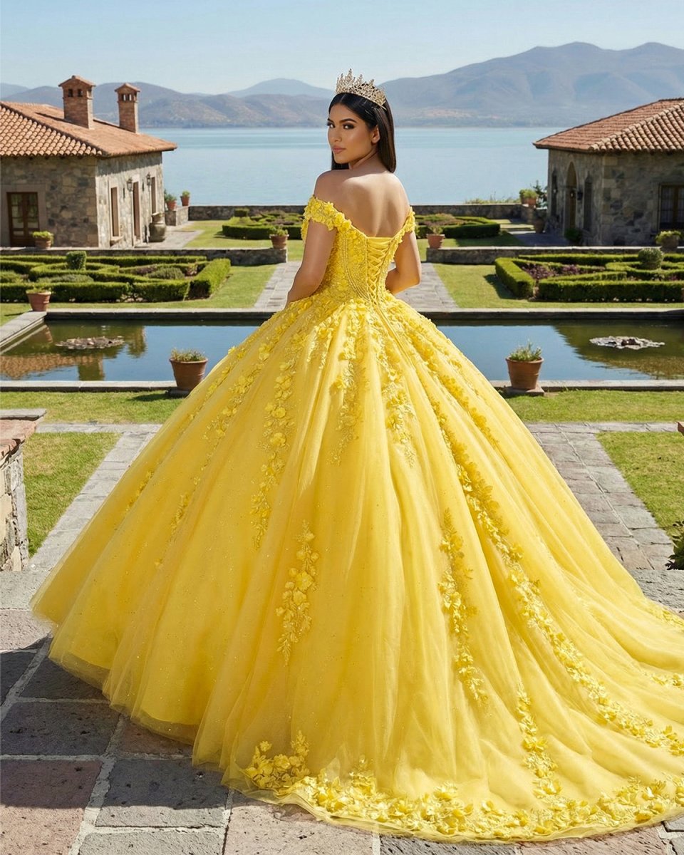 Quinceanera Dress Yellow Off-the-Shoulder Ball Gown with 3D Floral Lac
