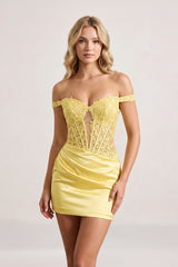 Yellow Off The Shoulder Bodycon Satin Pleated Homecoming Dresses With Appliques | KISSPROM