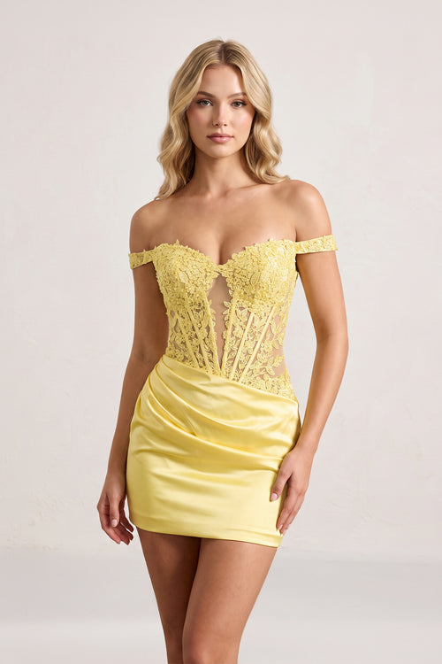 Yellow Off The Shoulder Bodycon Satin Pleated Homecoming Dresses With Appliques | KISSPROM