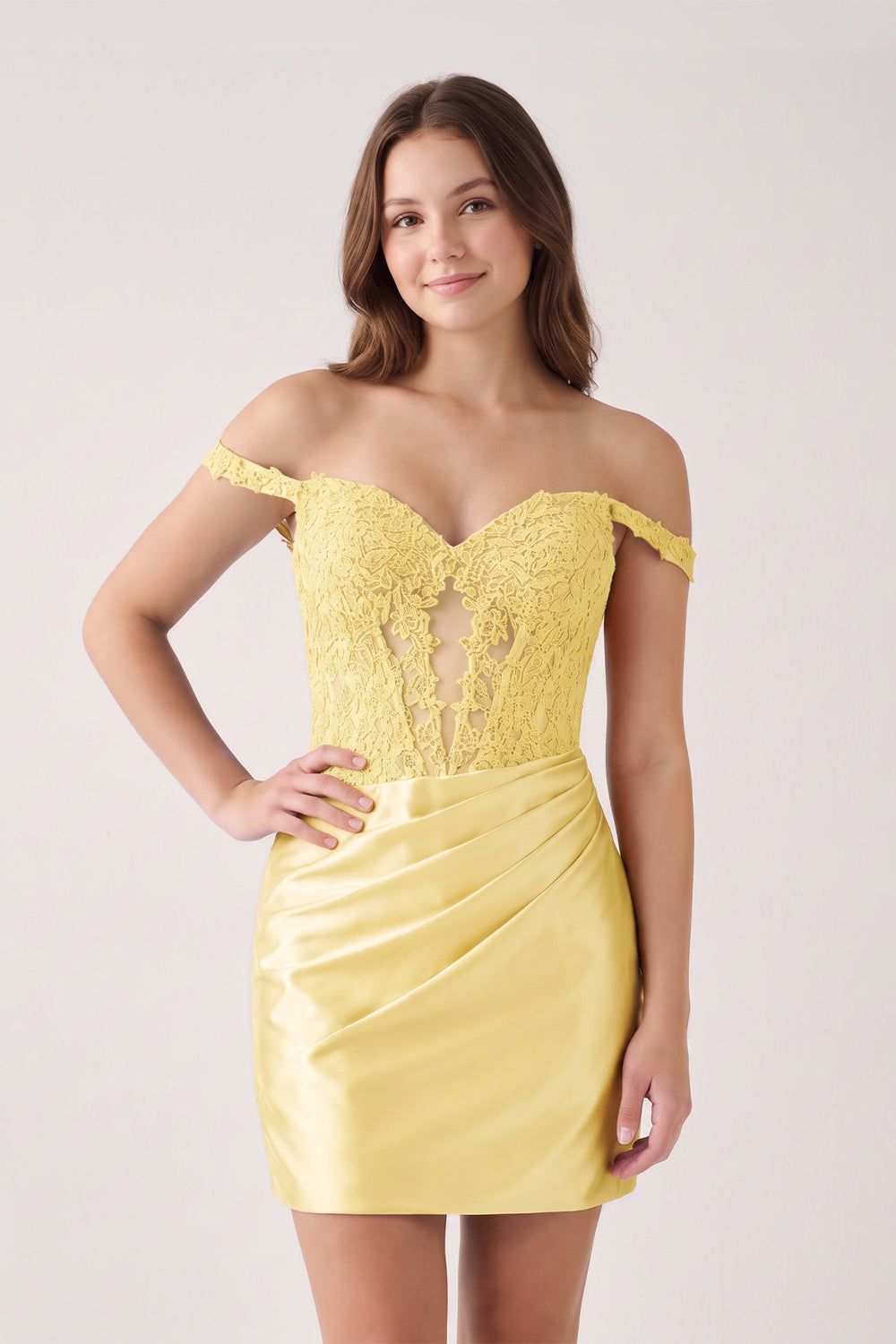 Yellow Off The Shoulder Bodycon Satin Pleated Homecoming Dresses With Appliques | KISSPROM
