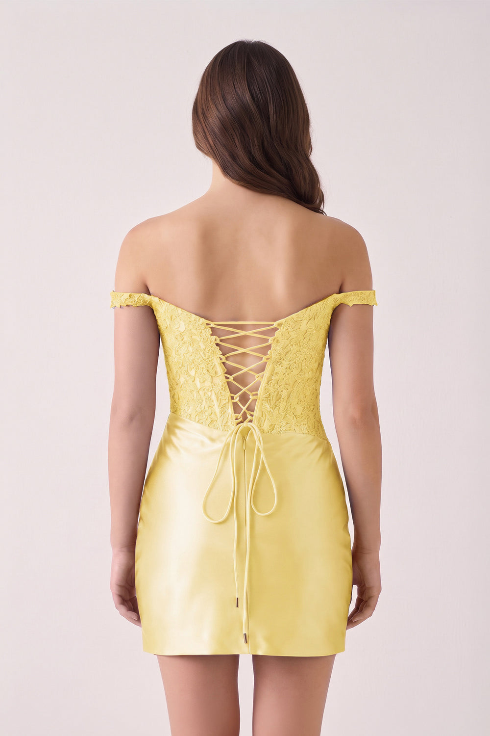 Yellow Off The Shoulder Bodycon Satin Pleated Homecoming Dresses With Appliques | KISSPROM
