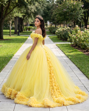 Yellow Off The Shoulder Flowers Tulle Ball Gown Quinceanera Dresses (2) | KISSPROM