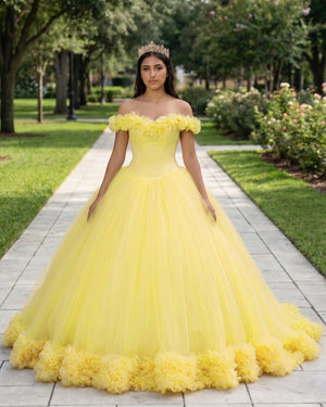 Yellow Off The Shoulder Flowers Tulle Ball Gown Quinceanera Dresses | KISSPROM