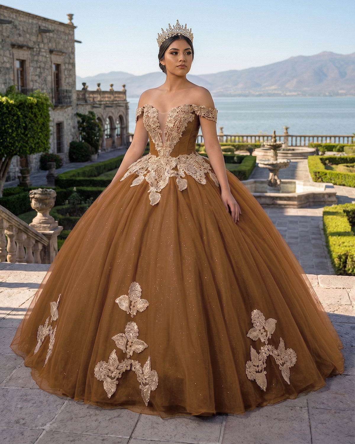 KissProm Royal Blue Off the Shoulder Quinceanera Dresses with Appliques, Yellow / 16
