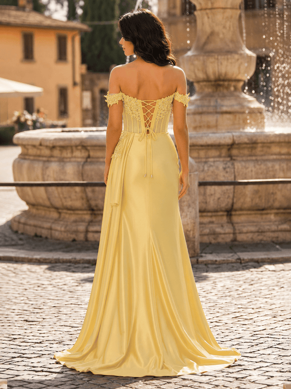 Yellow Off the Shoulder Satin Beaded Long Party Dress With Slit (2) | KISSPROM