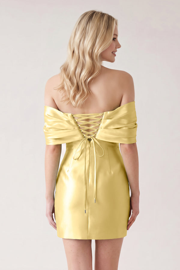 Yellow Off The Shoulder Satin Bodycon Short Homecoming Dress With Beading (2) | KISSPROM