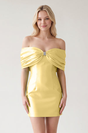 Yellow Off The Shoulder Satin Bodycon Short Homecoming Dress With Beading | KISSPROM