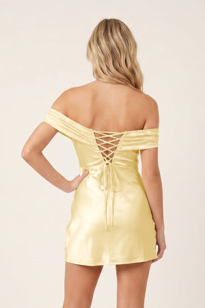 Yellow Off-the-Shoulder Satin Sheath Homecoming Dress | KISSPROM