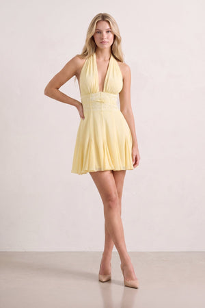 Yellow Plunge A-Line Linen Ruffled Homecoming Dress with Bow (3) | KISSPROM