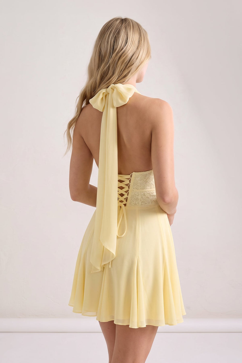 Yellow Plunge A-Line Linen Ruffled Homecoming Dress with Bow | KISSPROM