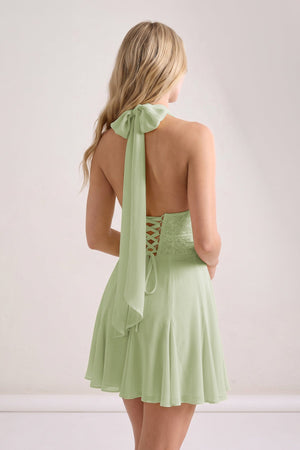 Yellow Plunge A-Line Linen Ruffled Homecoming Dress with Bow