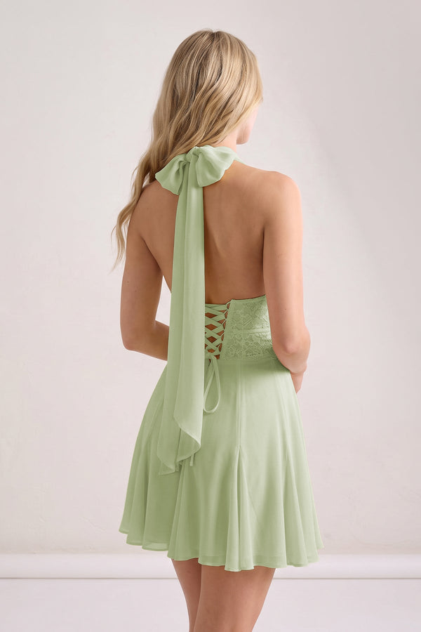 Yellow Plunge A-Line Linen Ruffled Homecoming Dress with Bow