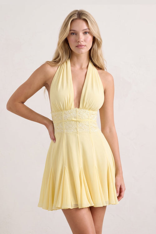 Yellow Plunge A-Line Linen Ruffled Homecoming Dress with Bow | KISSPROM
