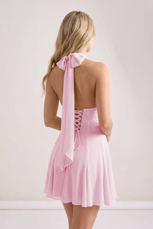 Yellow Plunge A-Line Linen Ruffled Homecoming Dress with Bow
